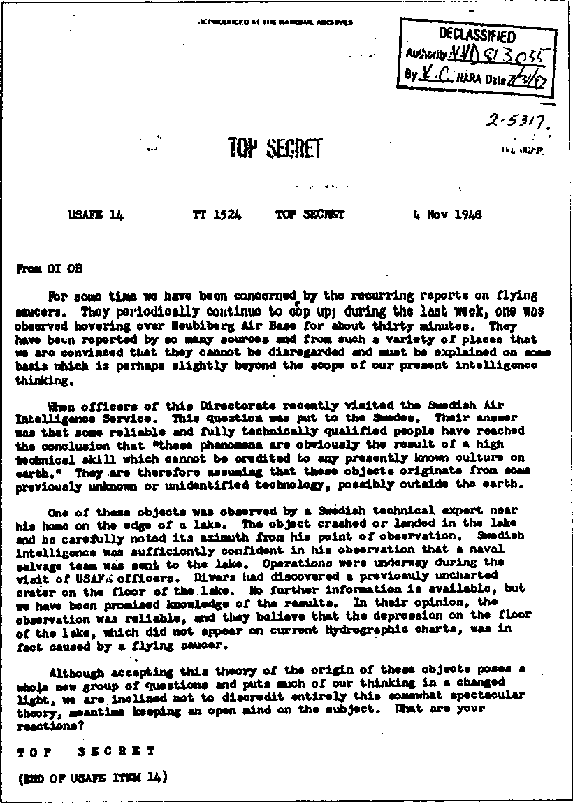 1948 Top Secret USAF UFO extraterrestria