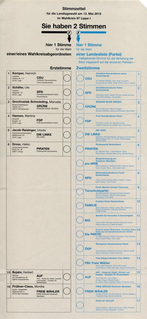 Stimmzettel Landtagswahl NRW 2012 Wahlkr