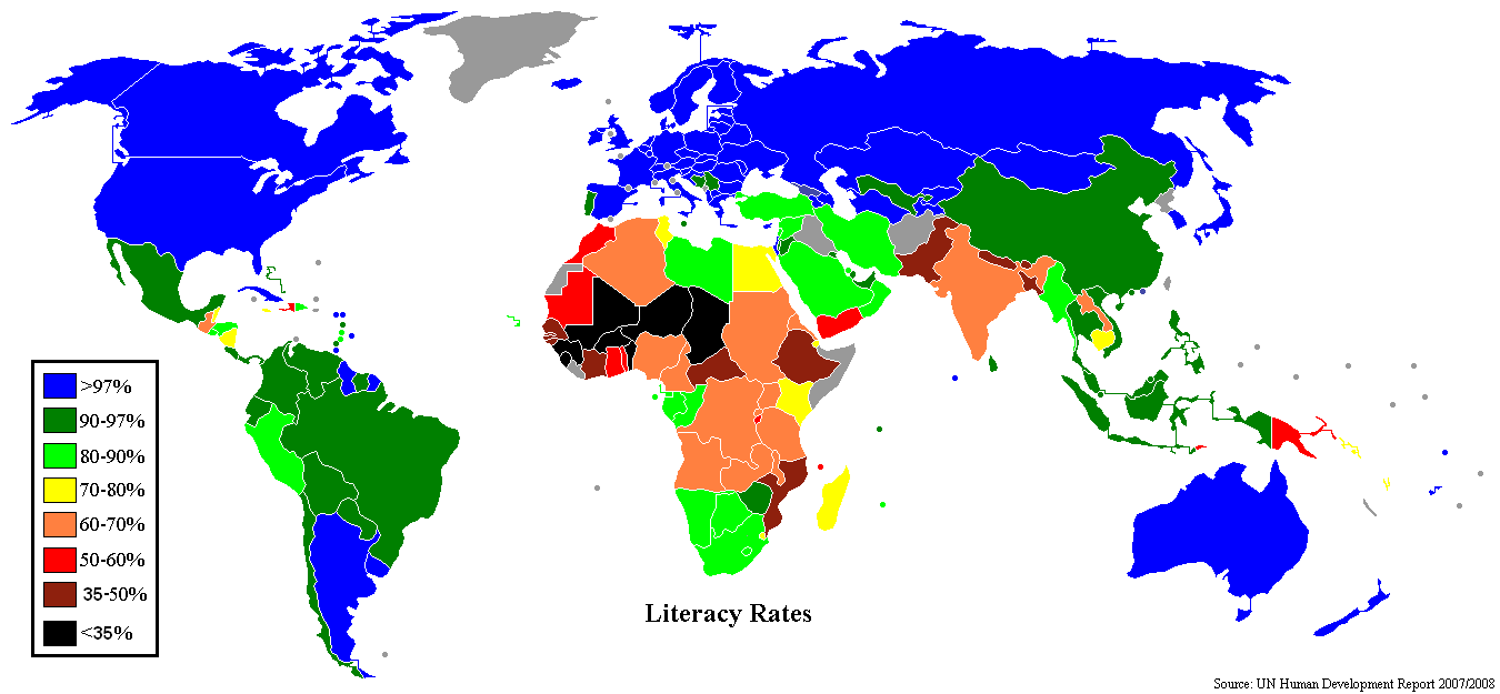 World literacy map UNHD 2007 2008