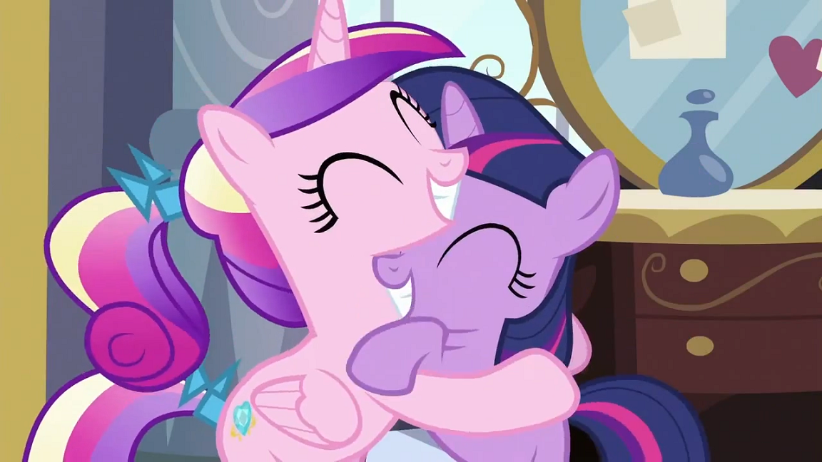 Filly Twilight and Cadance hugging S2E25