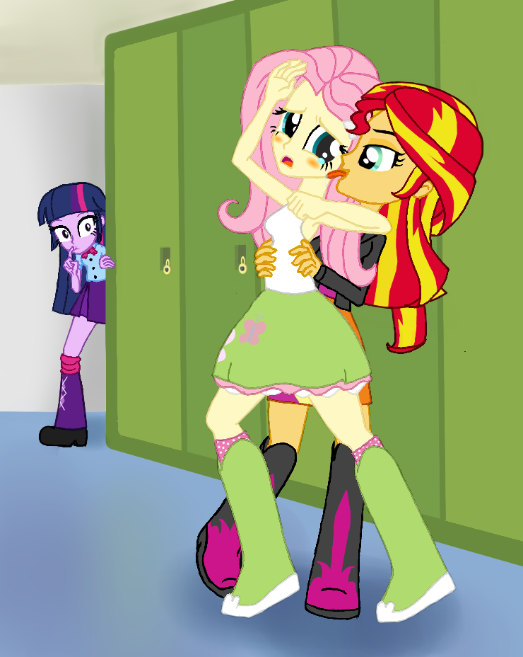 tickled fluttershy by sunset shimmer by 