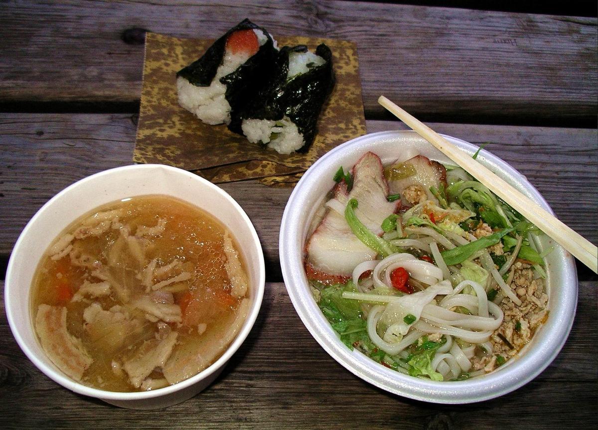 Pho with onigiri and tonjiru