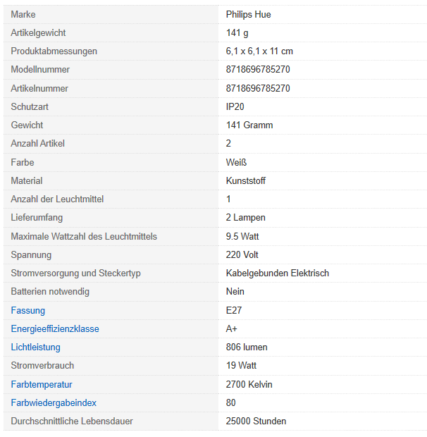 Datenblatt Leuchtmittel