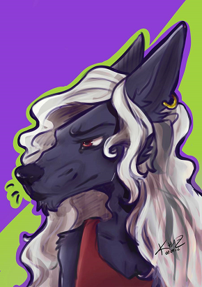 APortrait of a anthro wolf character with black fur on his body. He has long curly white hair. His eyes are red. The Wolf has a golden hoop earring on his left ear. He is looking to the left side.