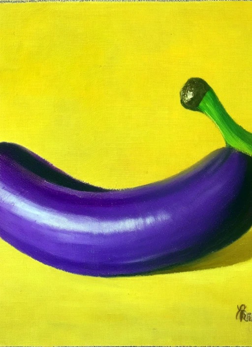 Painting of a violett Banana and a yello