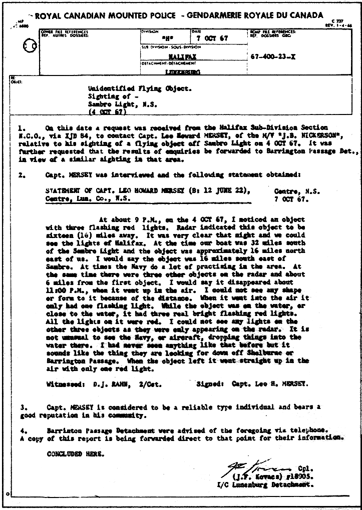 ShagHarbor Mersey RCMP UFO report 10 7 6