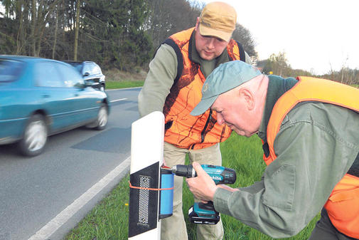 Blaues-Licht-an-Leitpfosten-gegen-Wildun