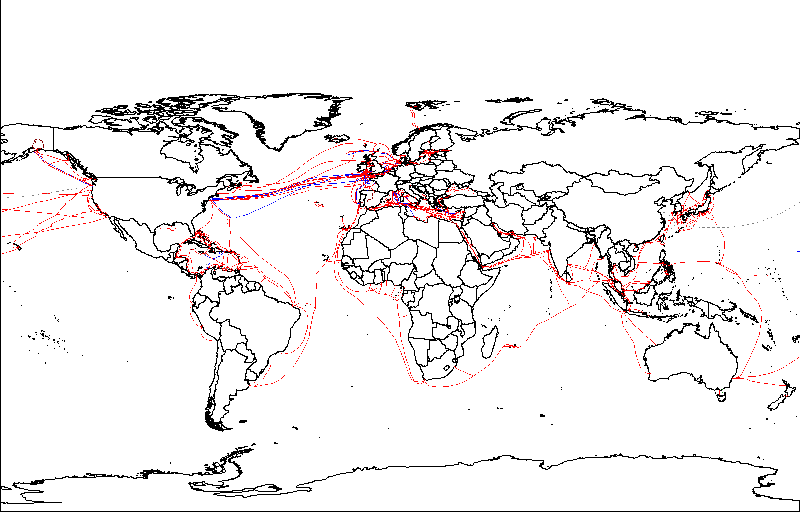 World map of submarine cables