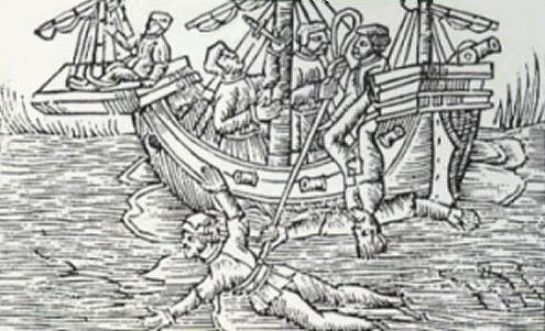Fumos miese Spelunke Woodcut Print of Keelhauling