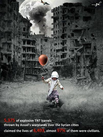 syria destruction girl with red balloon.