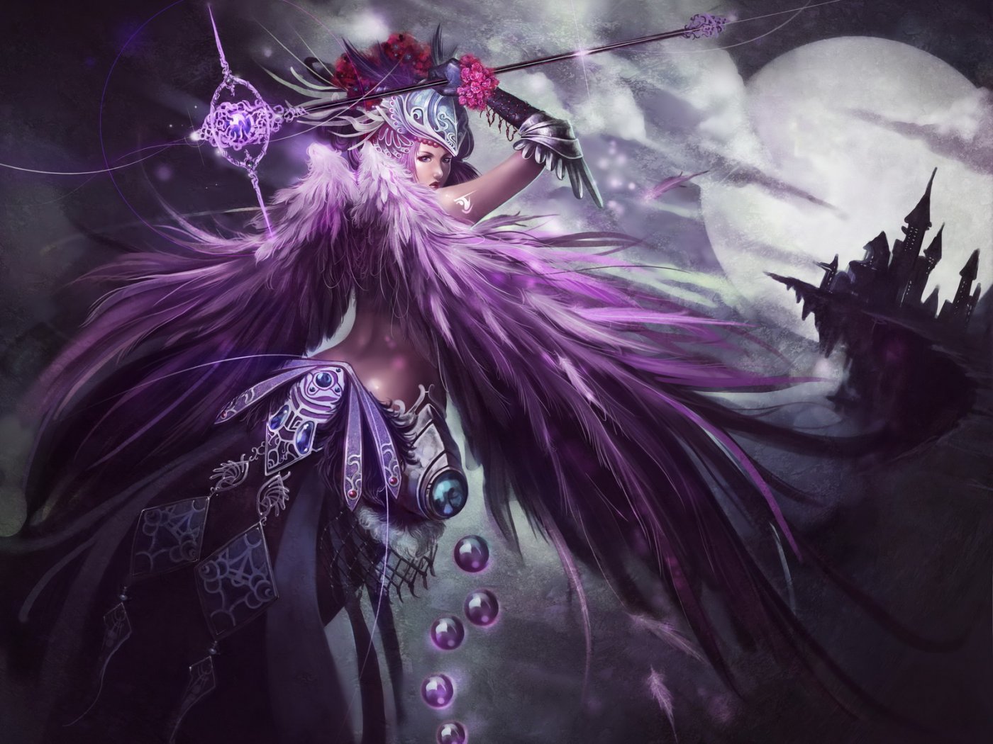 Der Farben Thread fantasy-angel-girl-purple-wings-castle-w