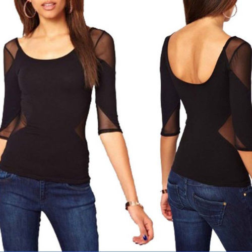 New-2014-Women-s-Black-Tops-3-4-Sleeve-O