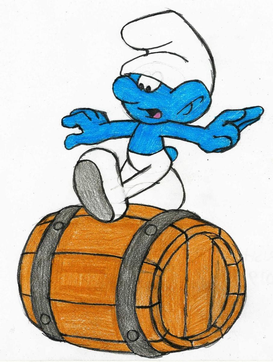 clumsy smurf rolling on a barrel by gris