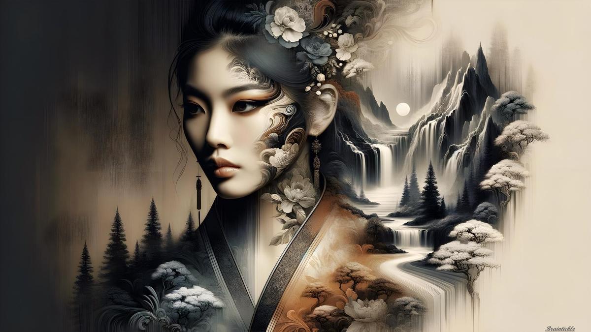 A Japanese Girl overlayed with a Landsca