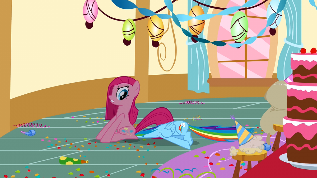 Pinkie Pie sitting on Rainbow Dash S01E2