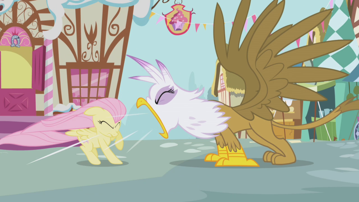 Gilda roaring at Fluttershy S1E5