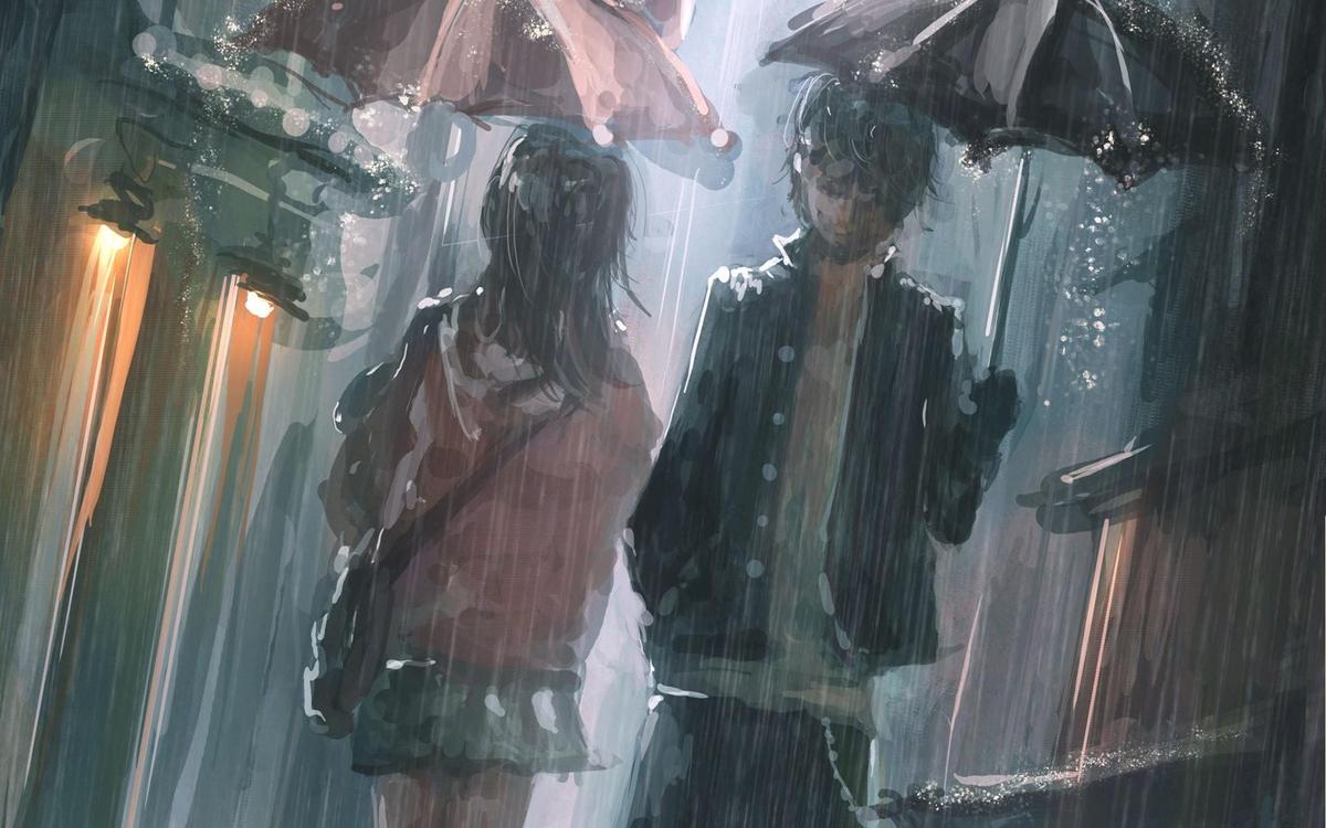 manga-boy-girl-umbrella-rain-lights-nigh