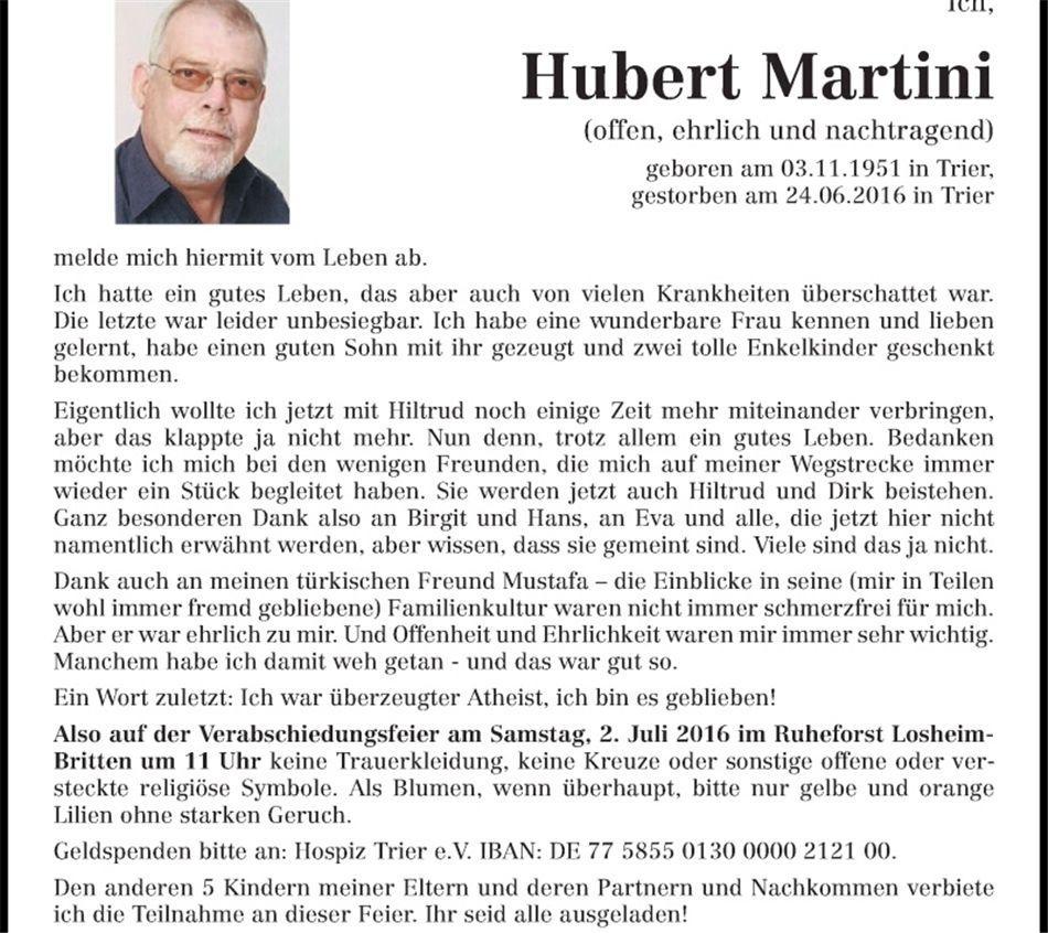 hubert martini rechnet nach seinem tod k