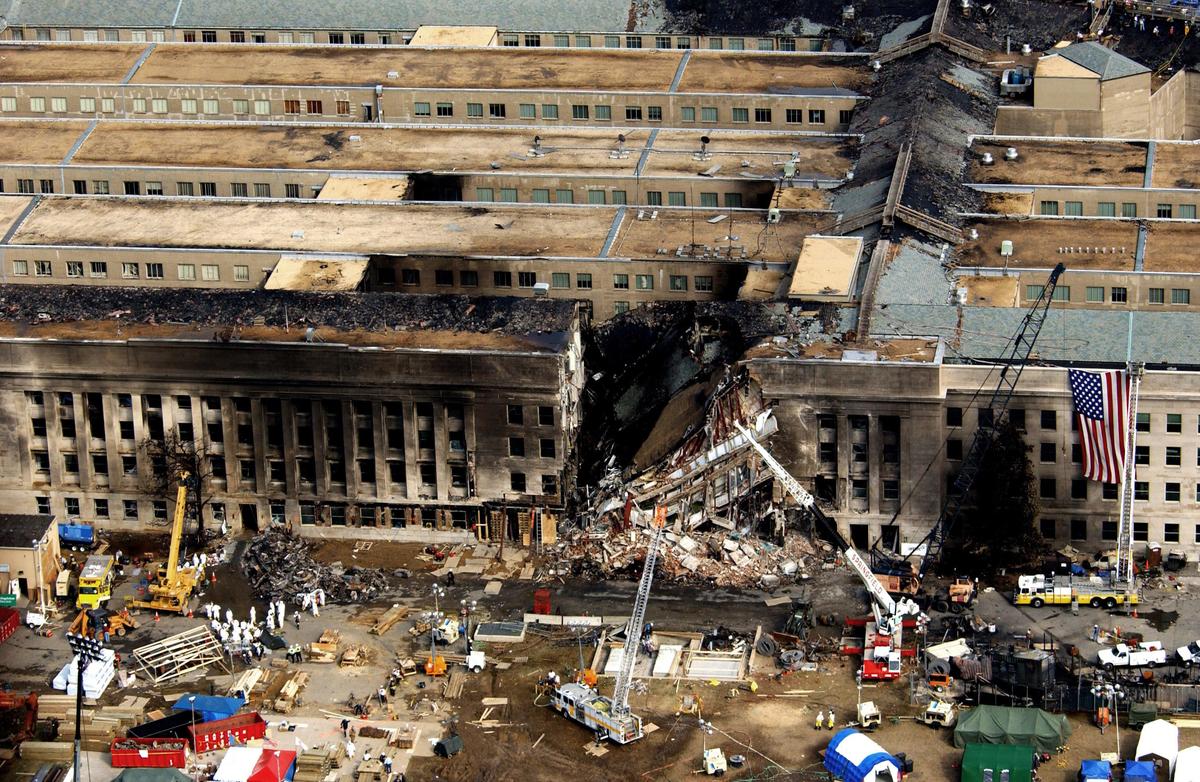 Aerial view of the Pentagon during rescu