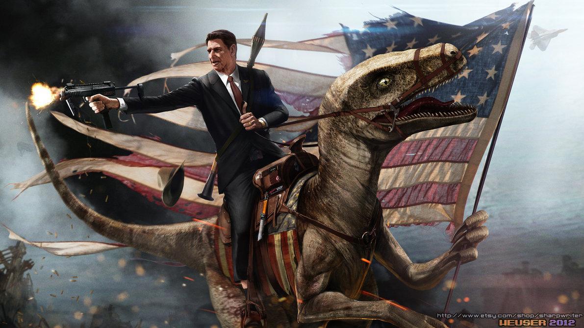 ronald reagan riding a velociraptor by s