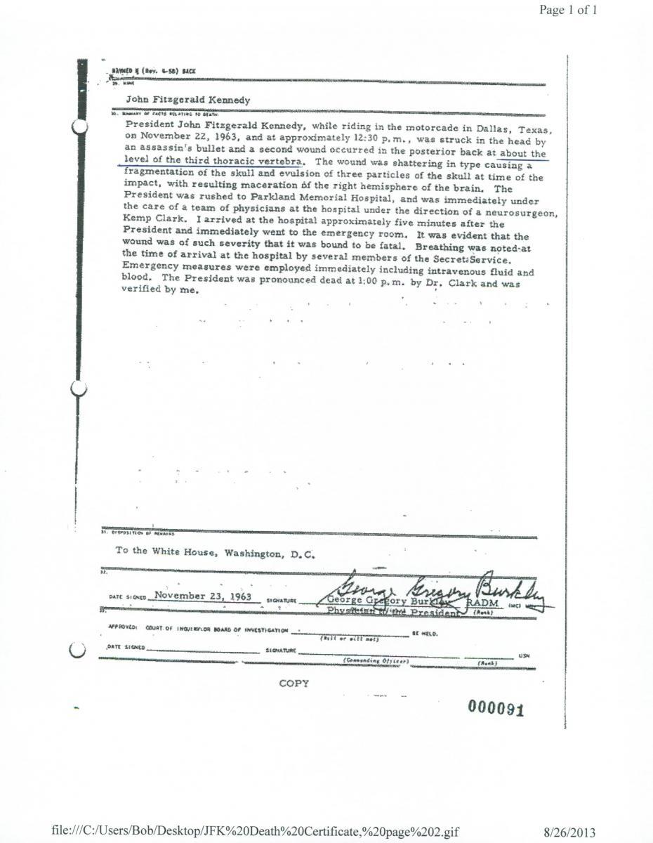 JFK Death Certificate page 2 underlined 