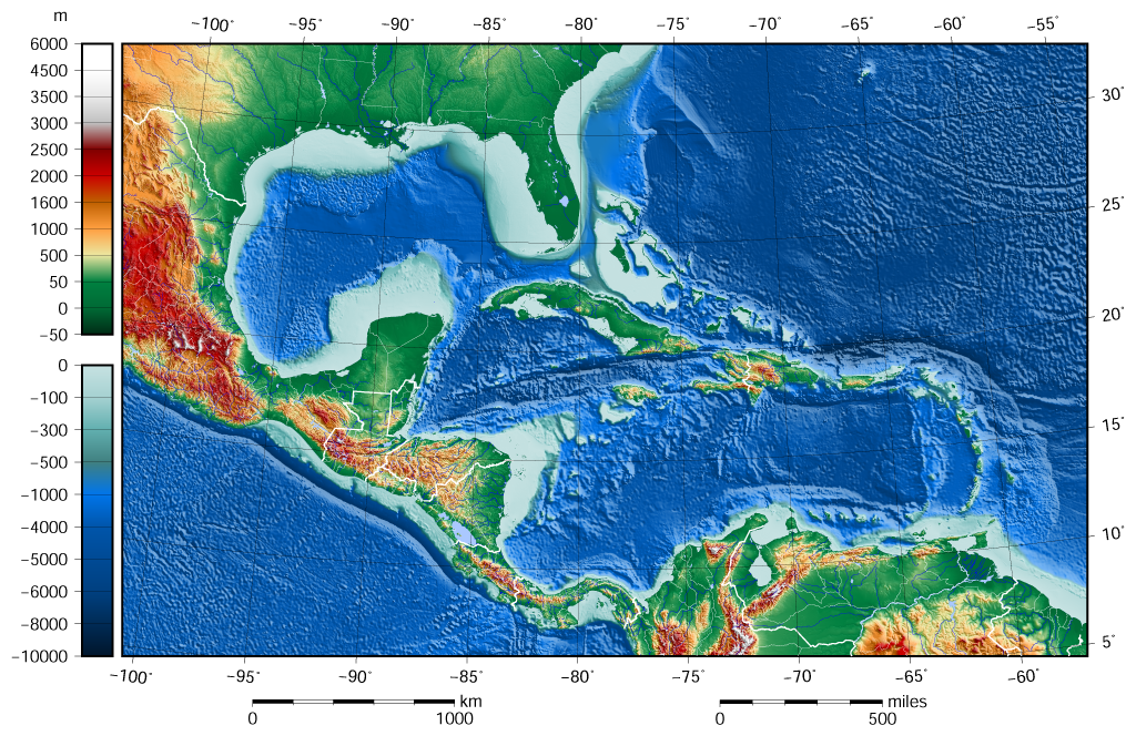 Caribbean Sea Gulf of Mexico shaded reli