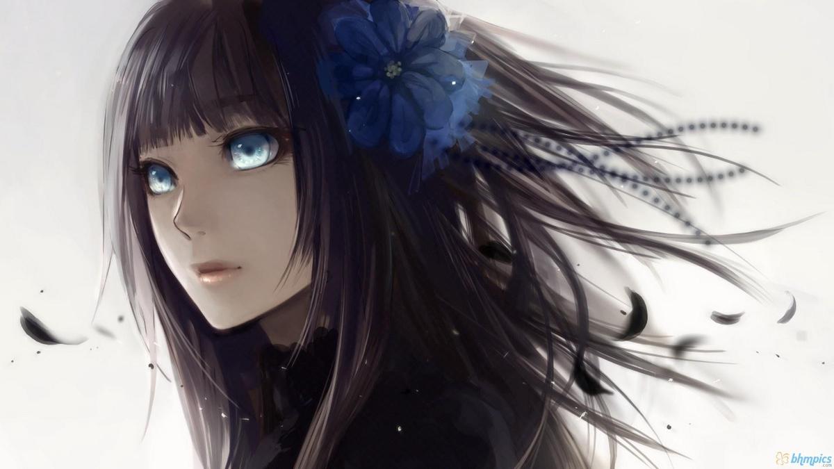anime girl with black hair and blue eyes
