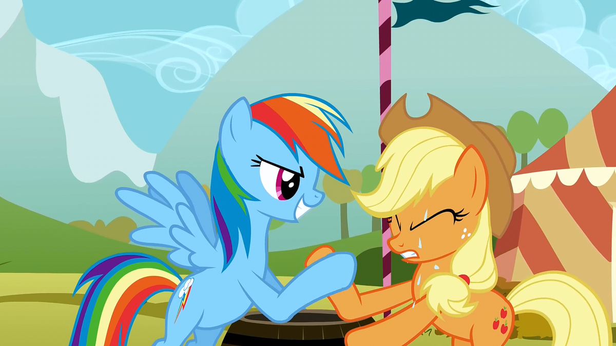 Rainbow Dash and Applejack in a hoof wre