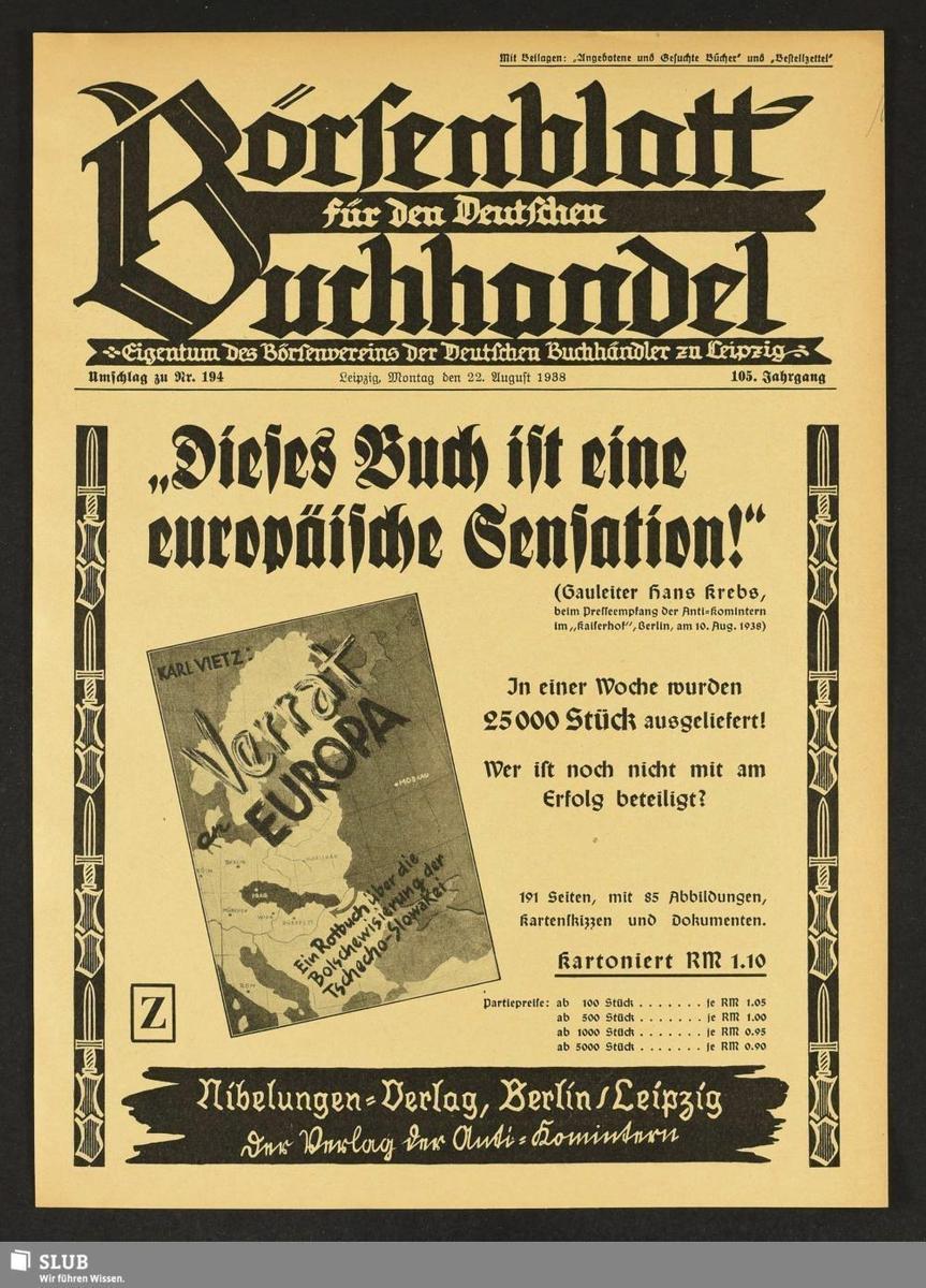 Vietz - Verrat an Europa Werbung 1938 Bo