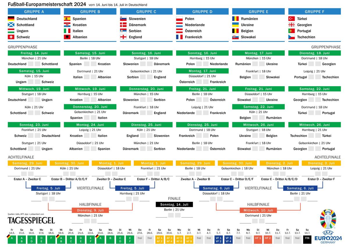 Spielplan EM 2024 einseitig A4 A3 Tagess