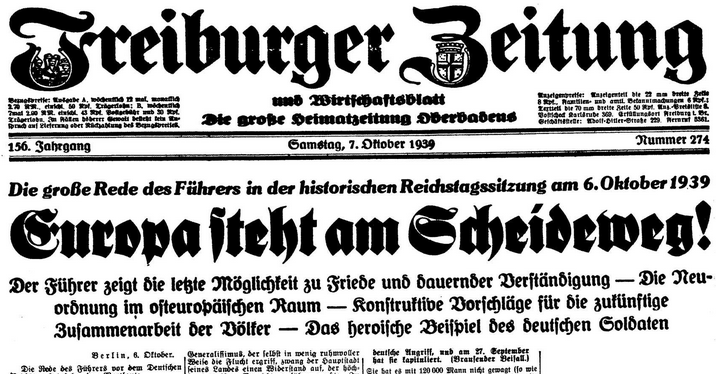 Hitler 6.10.39 Freiburger Zeitung