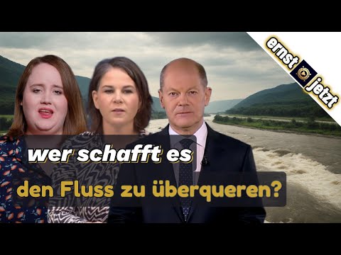 Youtube: Olaf Scholz, Annalena Baerbock und Ricarda Lang versuchen einen Fluss zu überqueren.