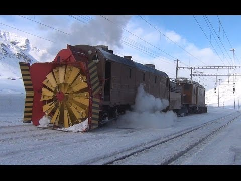 Youtube: Snow Plowing-trainfart original-Dampfschneeschleuder Xrot d 9213 und Bernina Krokodil - Zug, train