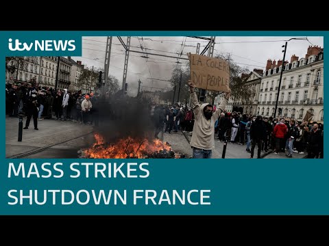 Youtube: Mass strikes spark shutdowns in France as pension age protesters rally | ITV News