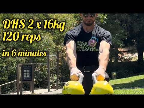 Youtube: 120 reps DHS #doublehalfsnatch 2 x 16kg in 6min by Denis Vasilev