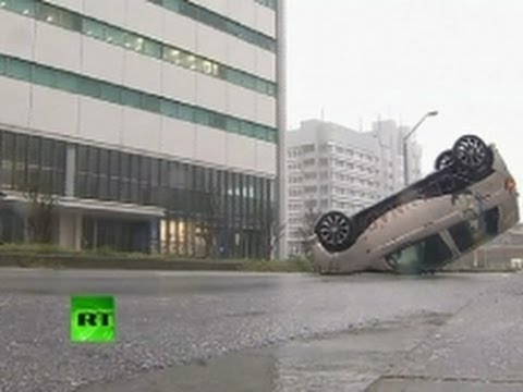 Youtube: Gone with the Typhoon: Car blown away by wind in Japan
