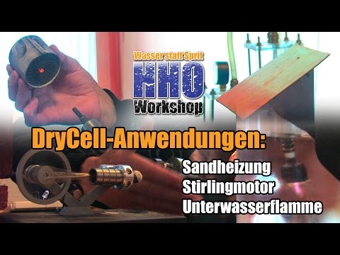 Youtube: DryCell Anwendungen: Sandheizung, Stirlingmotor, Unterwasserflamme