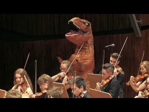 Youtube: T-rex in Jurassic Park Main Theme by John Williams, Zebrowski Music School Orchestra