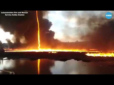 Youtube: Firenado or fire whirl appears as firefighters battle a blaze in Leicestershire U.K.