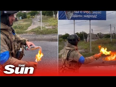 Youtube: Ukrainian Soldier sets fire to Russian billboard with MOLOTOV COCKTAILS near Kharkiv