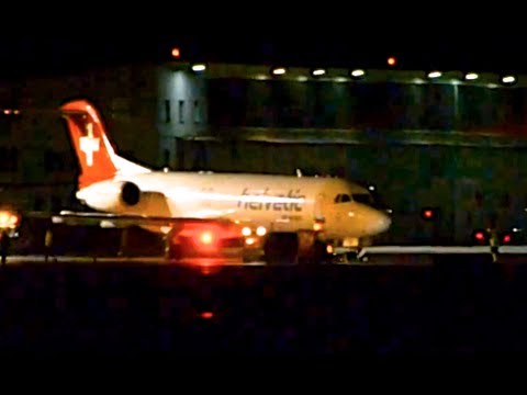 Youtube: Helvetic Fokker 100 - Night landing & taxi at airport Bern-Belp HD