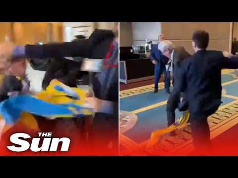 Youtube: Fist fight erupts when Russian diplomat rips down Ukrainian flag at conference