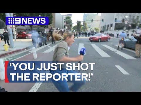 Youtube: LA Protests: Reporter shot with rubber bullet LIVE on TV | 9 News Australia